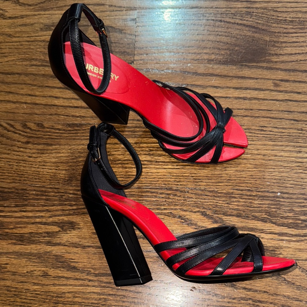Burberry Red and Black Strappy Heels